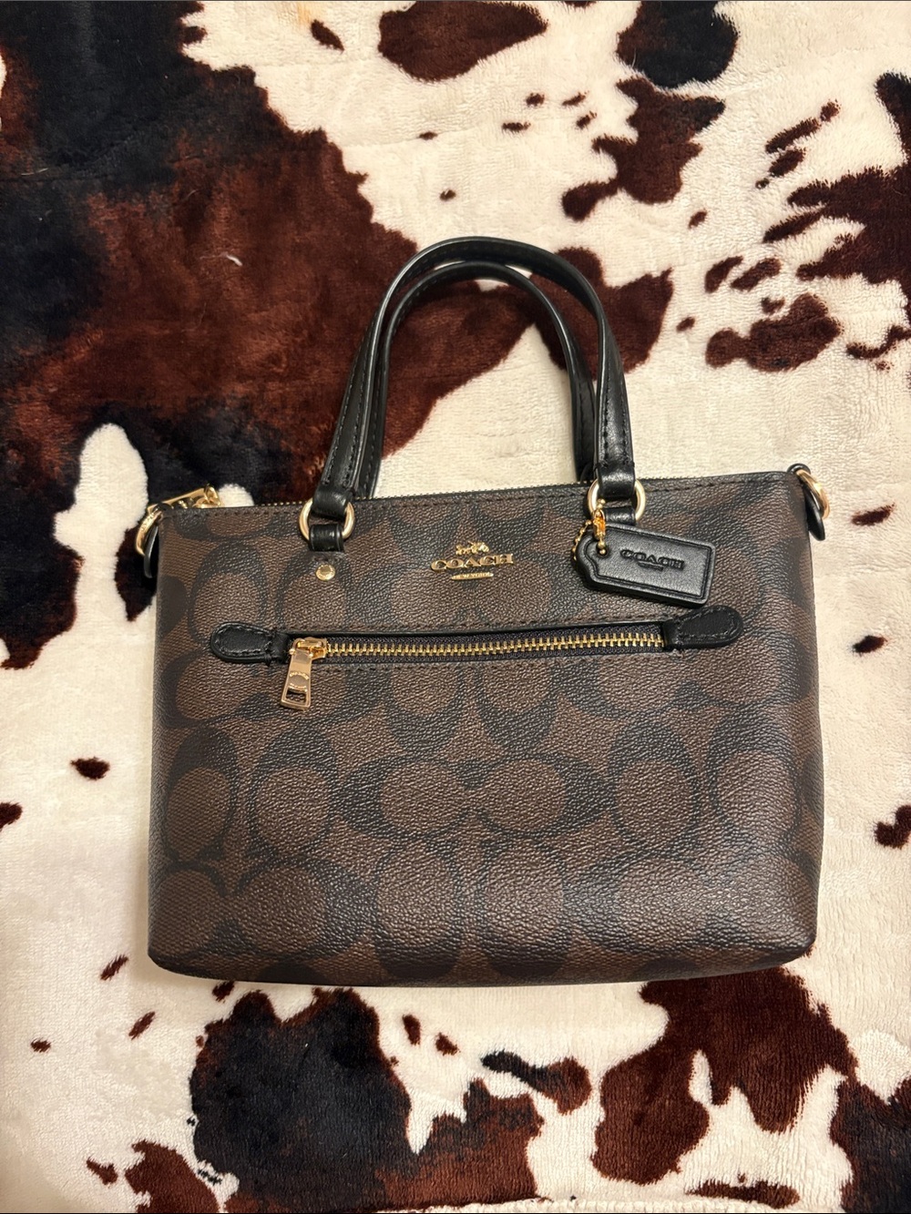 Coach Brown Signature Canvas Satchel with Black Trim and Gold Hardware